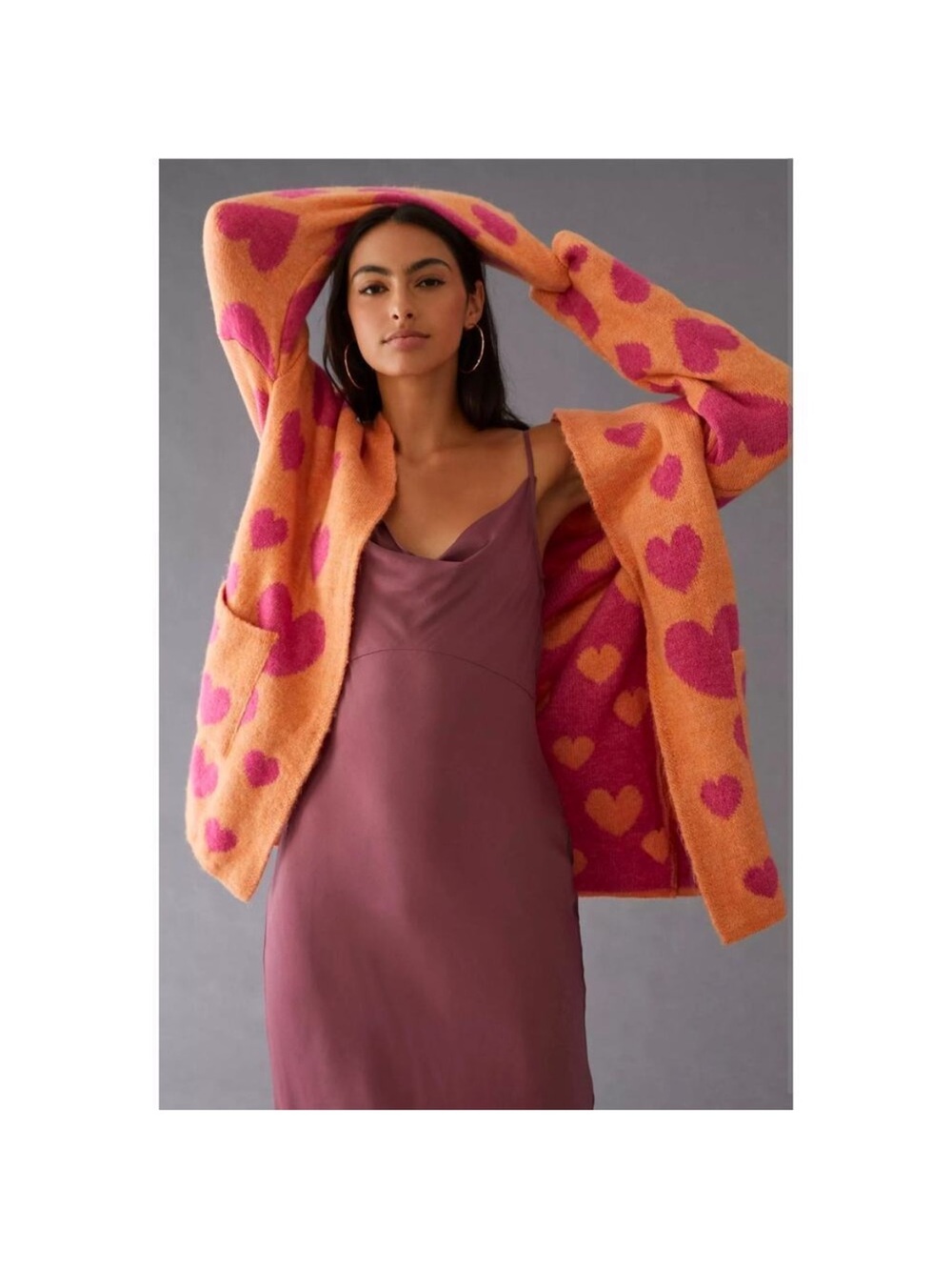 Maeve Orange Cardigan Jacket with Pink Heart Pattern